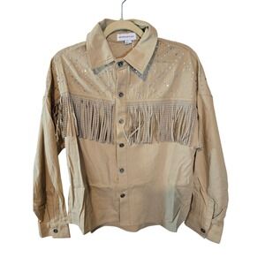 Melrose With Love Tan Western Fringe Rhinestone Button Down Shirt Womens Small
